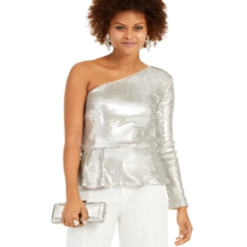Silver sequin asymmetrical long sleeve top